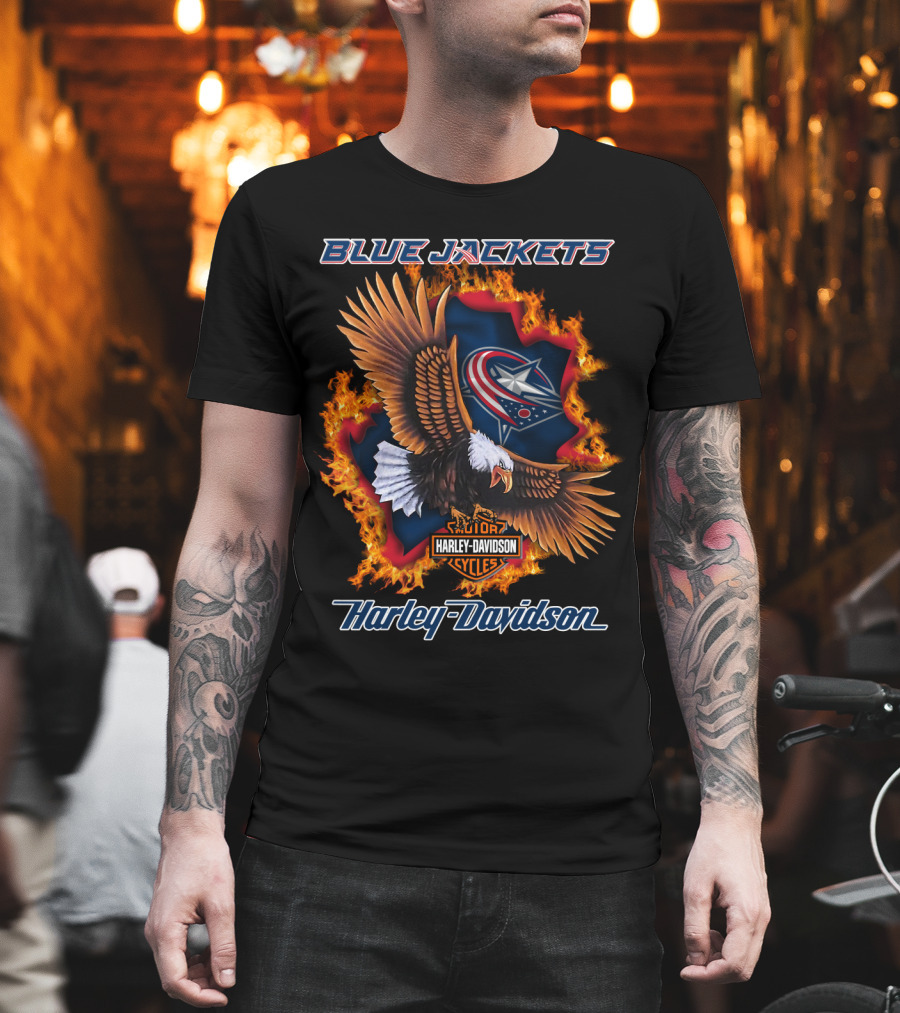Blue Jackets Harley Davidson Columbus Nhl Cycles Eagle Flame T-Shirt