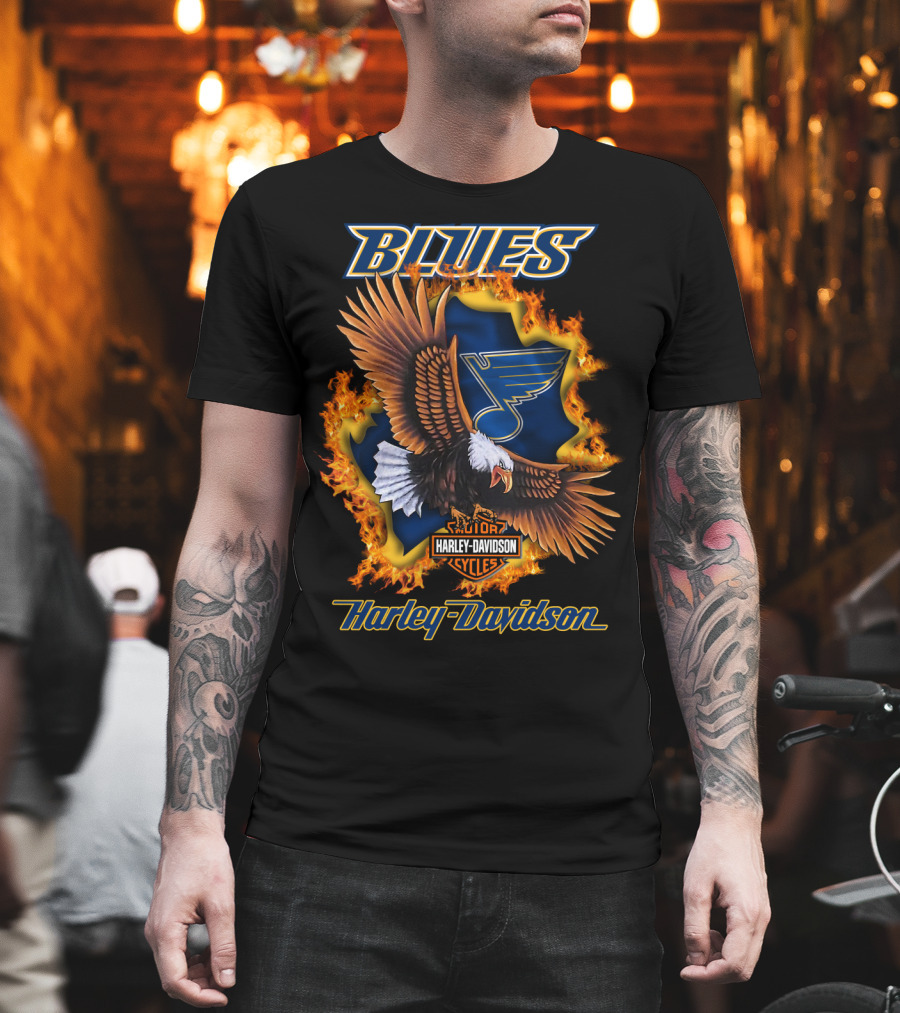 St Louis Blues Harley Davidson Cycles Nhl Eagle Blaze T-Shirt