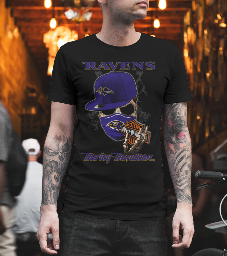 Ravens Harley Davidson Nfl Baltimore Skeleton Mask And Cap T-Shirt