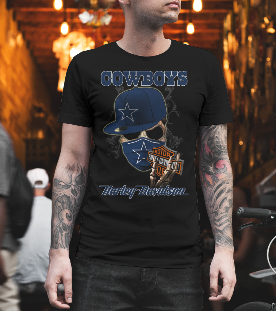 Cowboys Harley Davidson Skull With Cap And Mask Nfl Dallas 04.13 T-Shirt