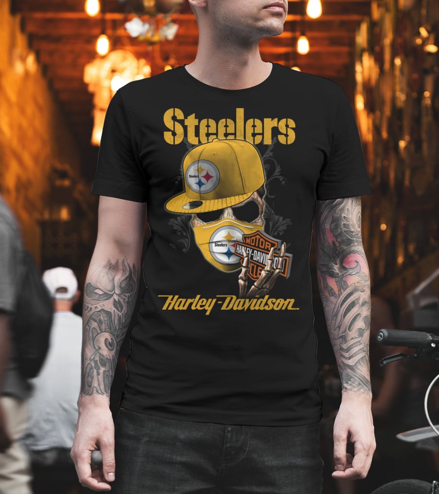 Steelers Harley Davidson Skull With Cap And Motorcycle T-Shirt