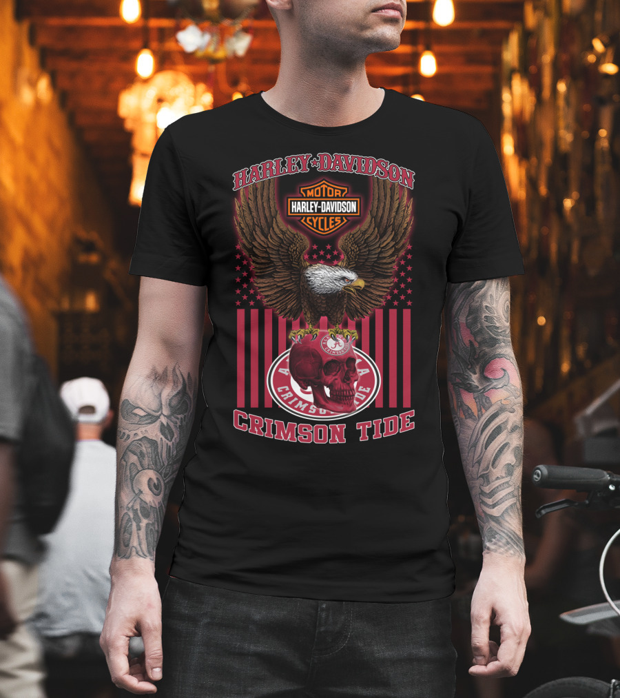 Harley Davidson Motor Cycles Eagle Skull Crimson Tide Alabama T-Shirt