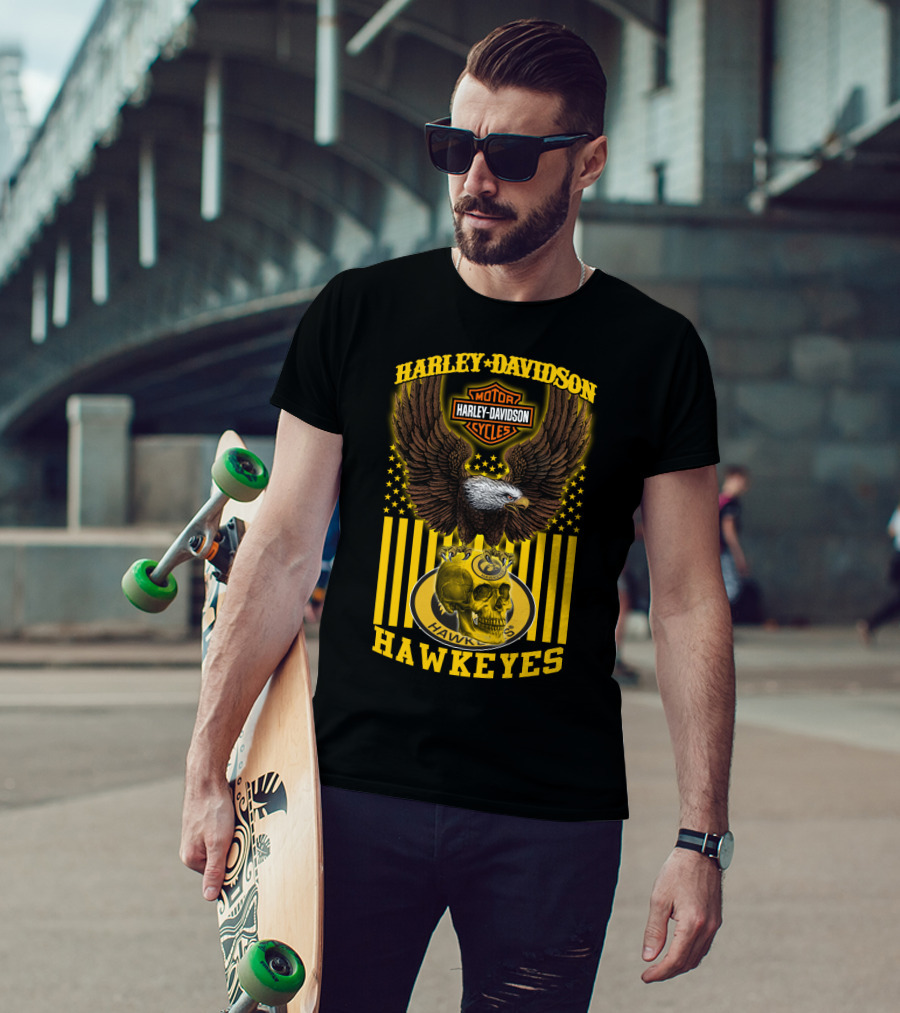 Harley Davidson Motor Cycles Hawkeyes Eagle And Skull T-Shirt