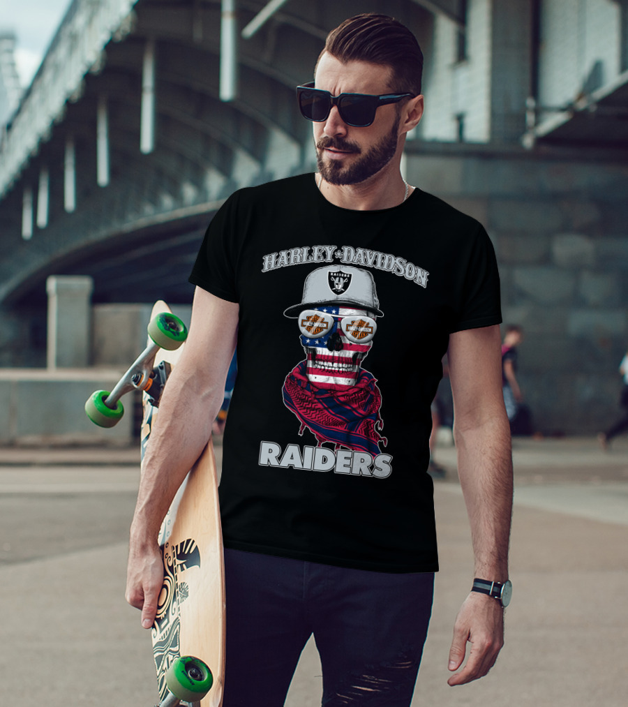 Harley Davidson Raiders Skull American Flag Bandana Nfl X Las Vegas Raiders T-Shirt