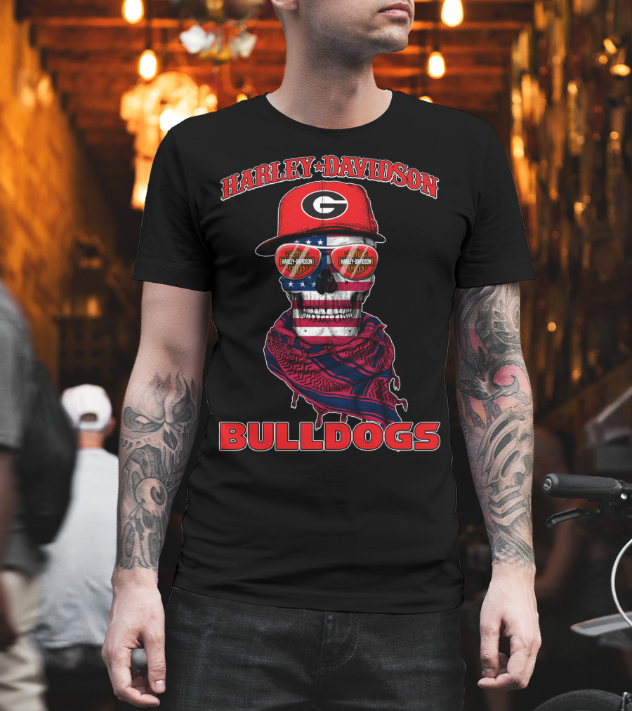 Harley Davidson Georgia Bulldogs Usa Flag Skull T-Shirt