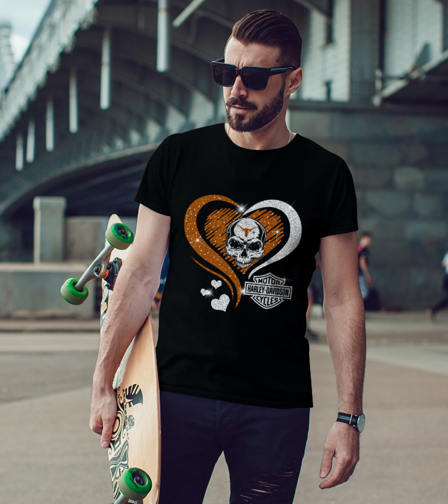 Ncaa Texas Longhorns Harley Davidson Skull Heart T-Shirt