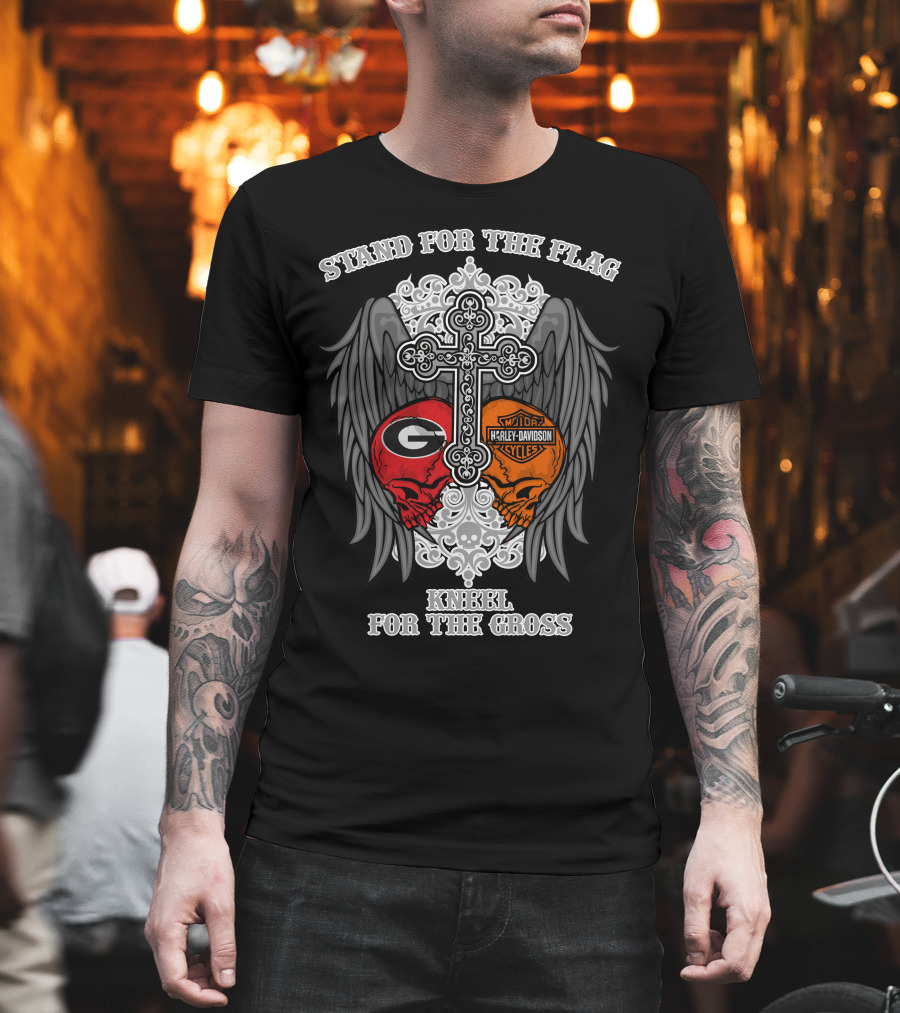 Stand For The Flag Kneel For The Cross Georgia Bulldogs Harley Davidson Skulls T-Shirt