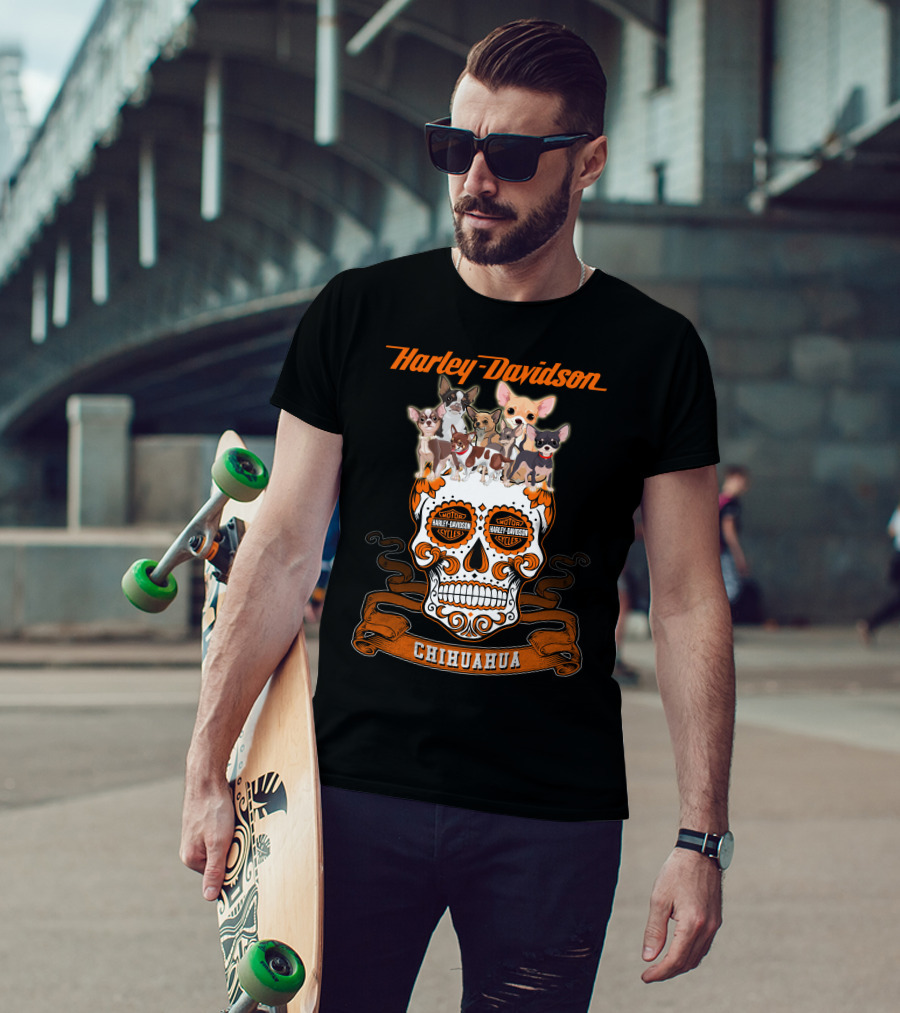 Harley Davidson Chihuahua Skull With Motorcycles And Cute Dogs T-Shirt