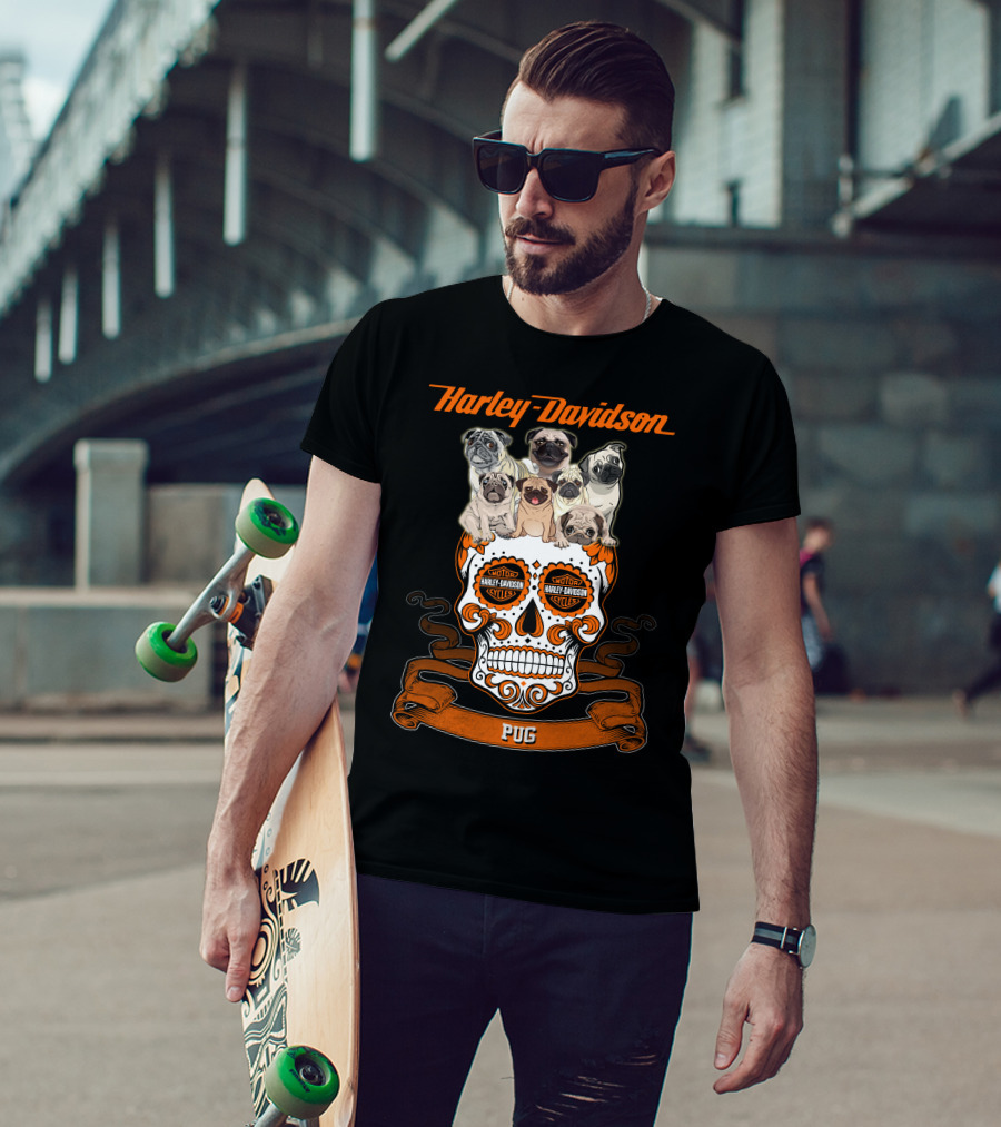 Harley Davidson Pug Skull Motif With Pugs T-Shirt