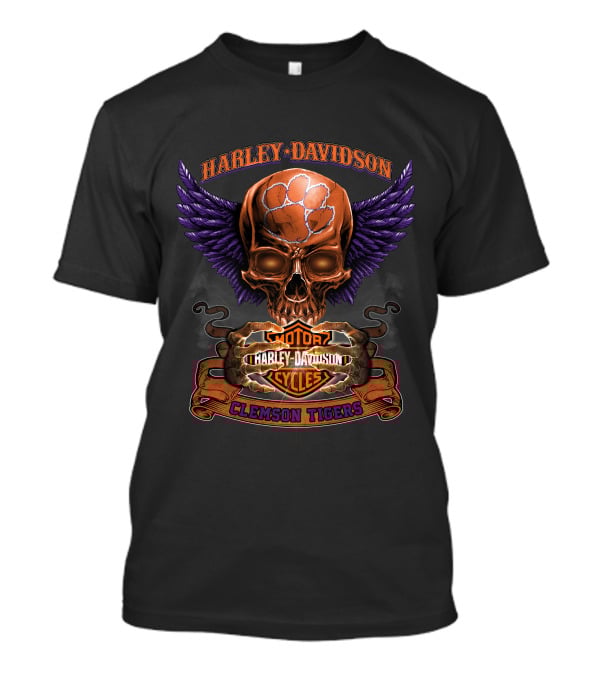 Harley Davidson Clemson Tigers Motorcycles Skull Wings T-Shirt