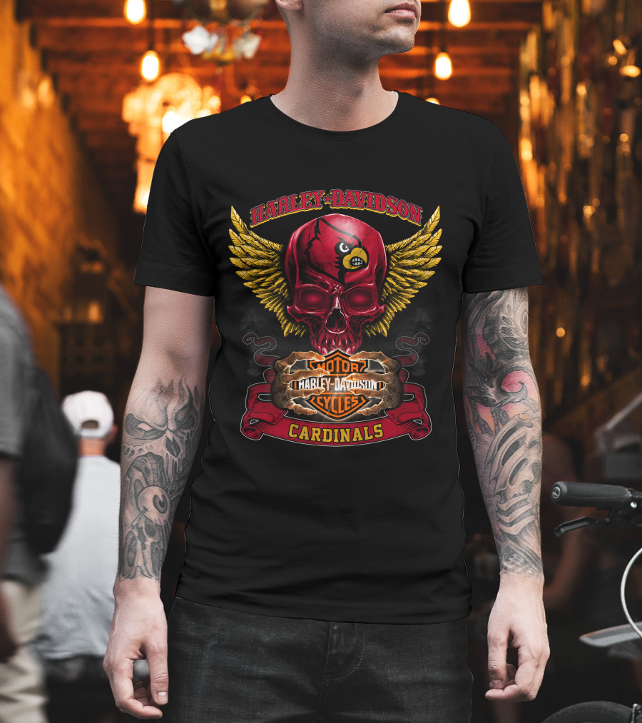 Harley Davidson Louisville Cardinals Skull With Wings T-Shirt