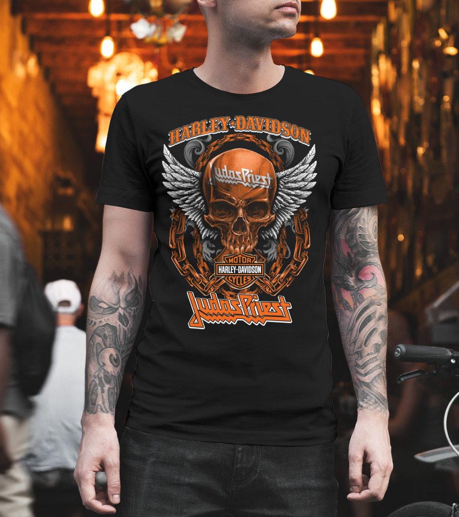 Harley Davidson Judas Priest Skull Wings Chains Motor Cycles T-Shirt