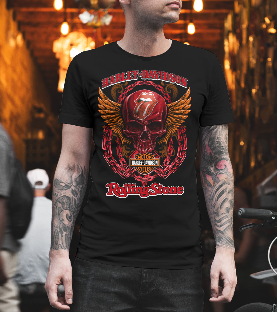 Harley Davidson Motor Cycles Rolling Stone Skull Logo Chains And Flames T-Shirt