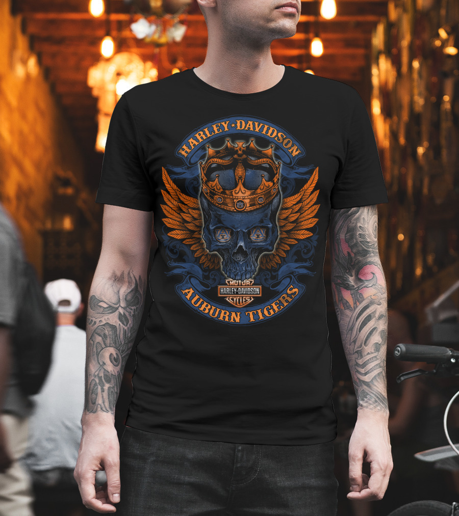 Harley Davidson Auburn Tigers Crowned Skull With Wings T-Shirt