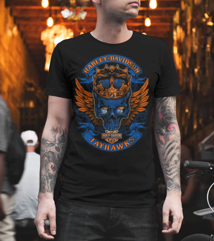 Harley Davidson Jayhawks Skull With Crown And Wings T-Shirt