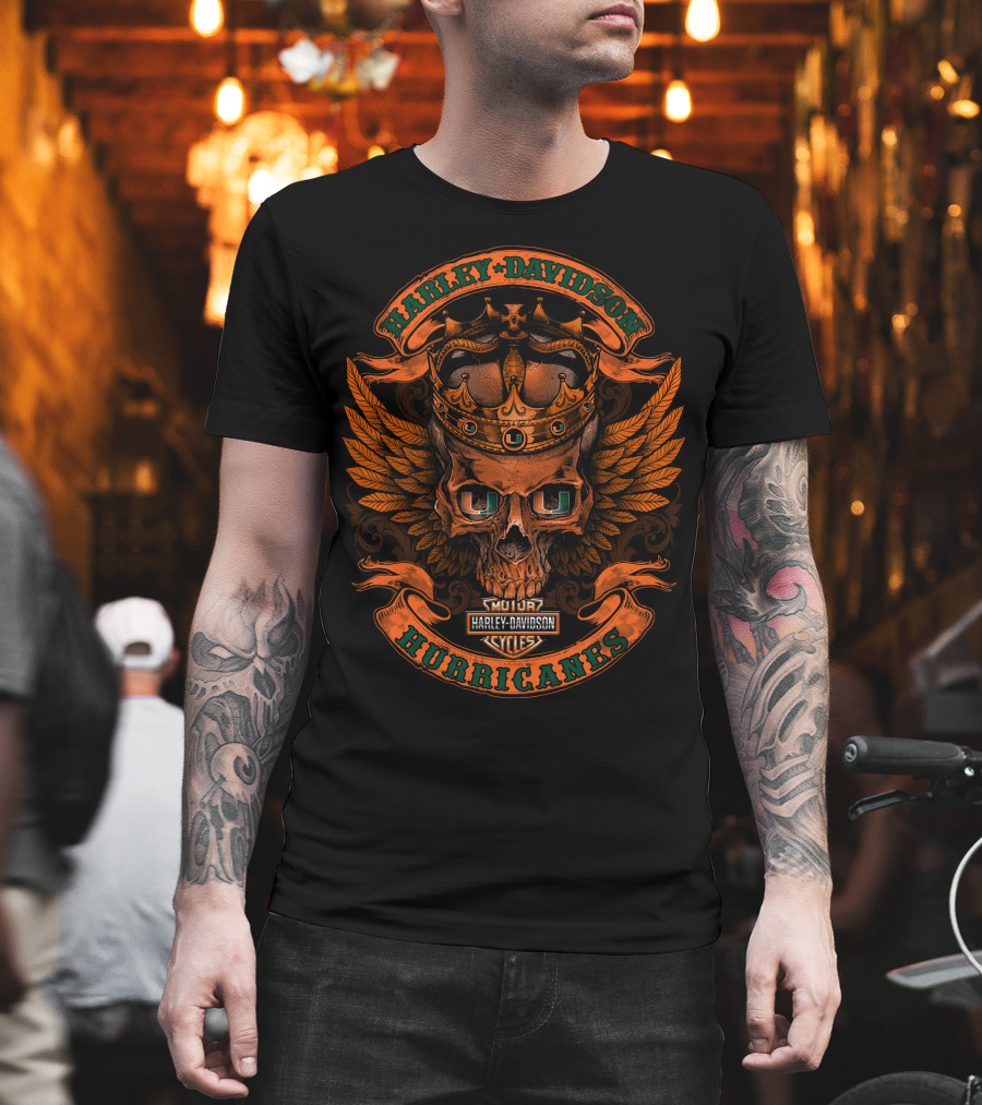 Harley Davidson Hurricanes King Skull Orange Wings Crown Motor Cycles T-Shirt
