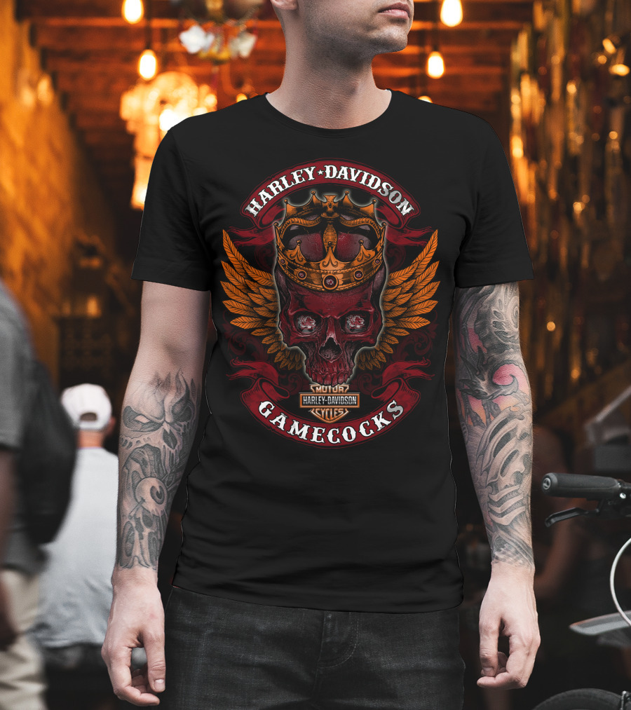Harley Davidson Motor Cycles Skull Crown Wings Gamecocks T-Shirt