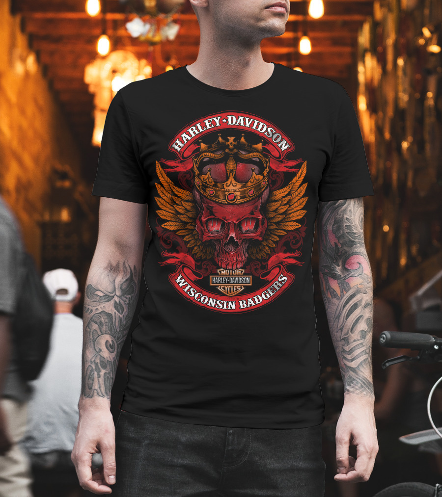 Harley Davidson Crowned Skull Wisconsin Badgers Mqt Cycles T-Shirt