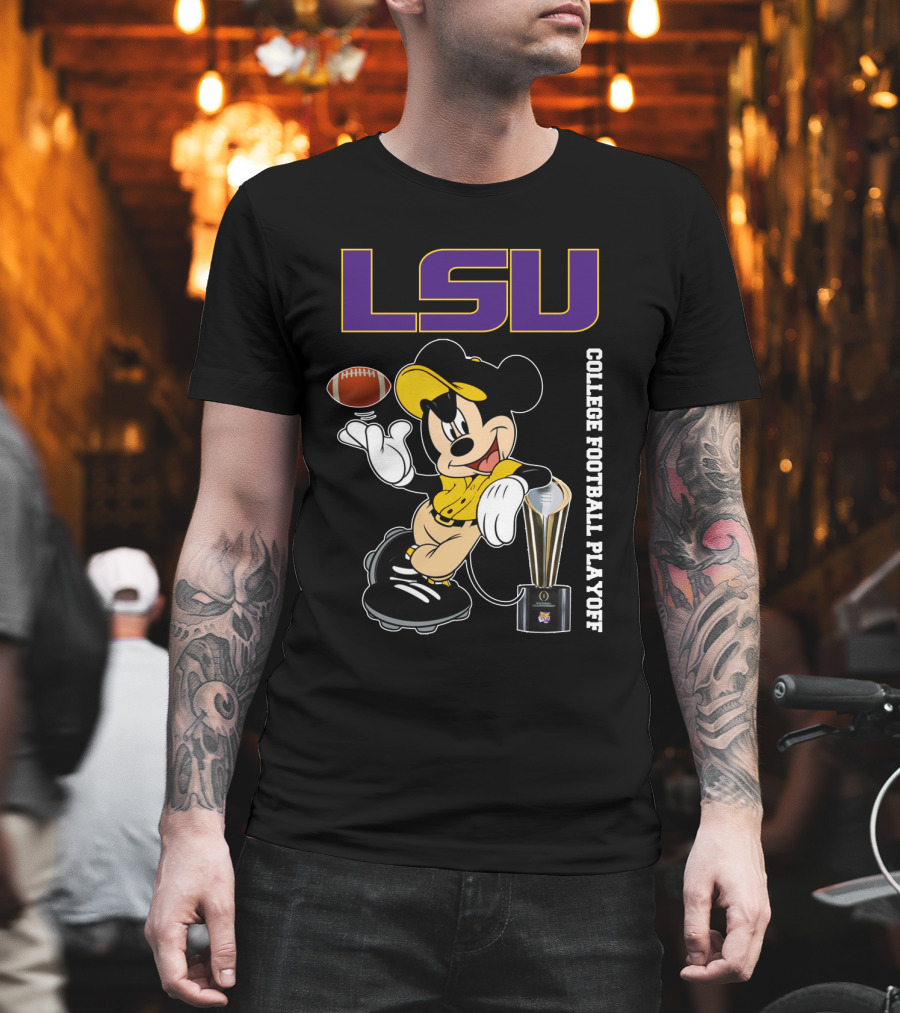 LSU College Football Playoff Mickey Holding Football And Trophy T-Shirt