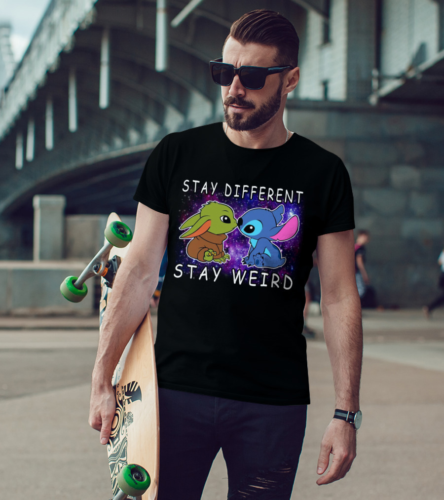 Stay Different Stay Weird Baby Yoda And Stitch Space Background T-Shirt