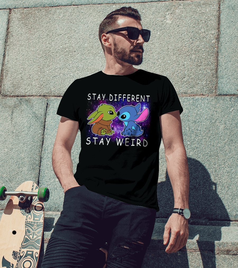 Stay Different Stay Weird Baby Yoda And Stitch Space Background T-Shirt