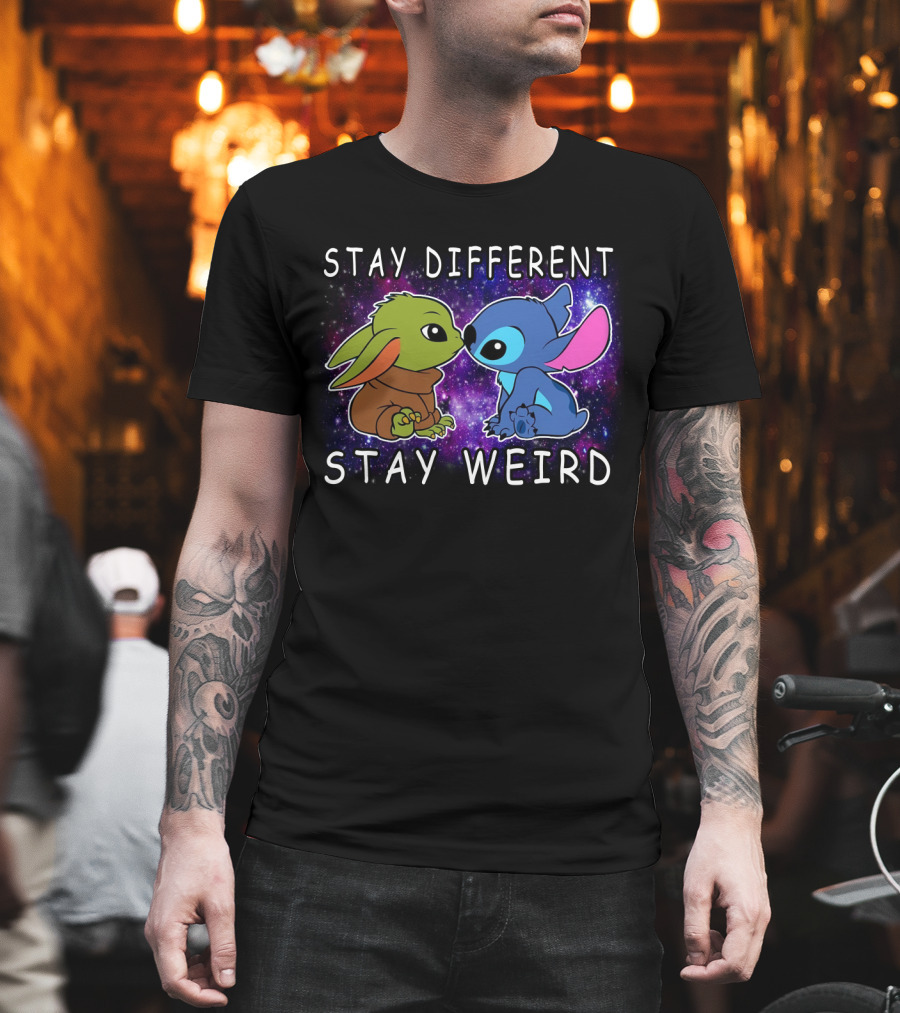 Stay Different Stay Weird Baby Yoda and Stitch Space Background T-Shirt