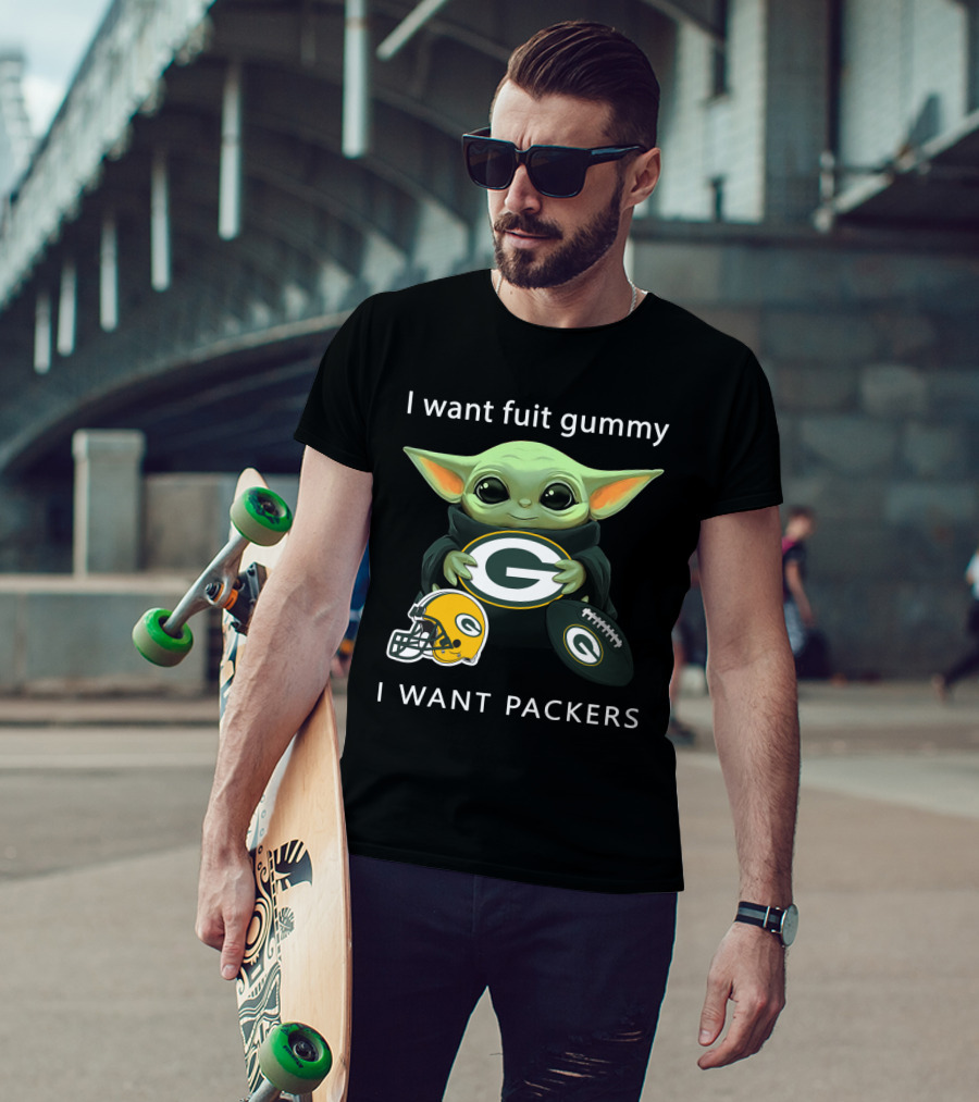 I Want Fruit Gummy I Want Packers Green Bay Packers Baby Yoda Helmet Football T-Shirt