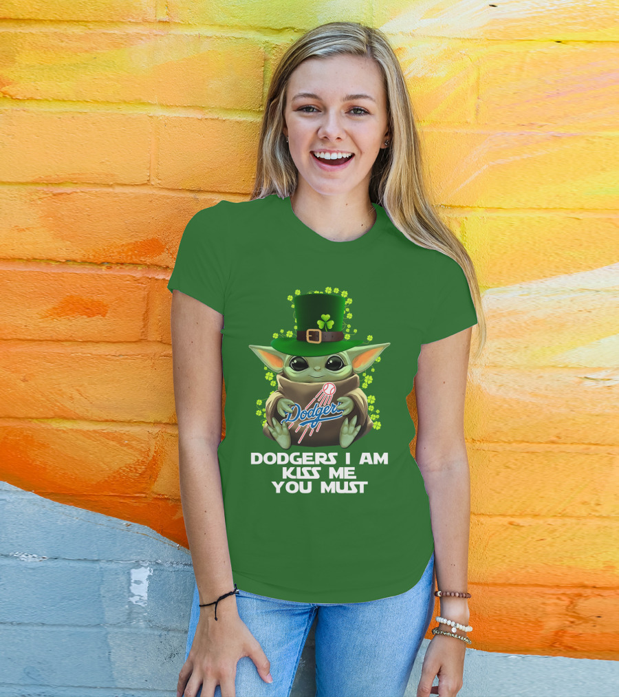 Dodgers I Am Kiss Me You Must Baby Yoda Shamrock St. Patrick's Day T-Shirt