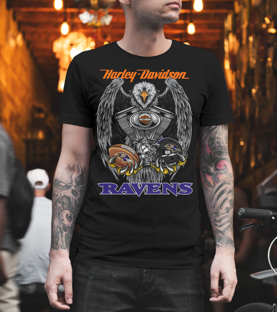 Harley Davidson Ravens V-Twin Engine Baltimore Football Helmet And Ball T-Shirt