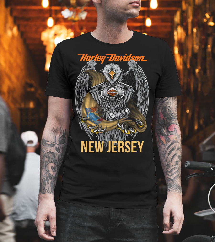 Harley Davidson New Jersey Eagle With Engine And Banner T-Shirt
