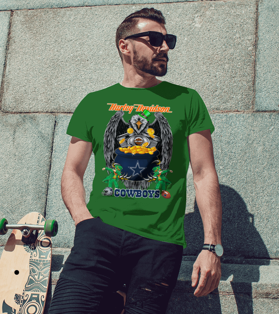 Harley Davidson Nfl Dallas Cowboys Eagle With Leprechauns And Pot Of Gold T-Shirt