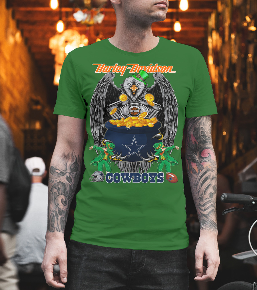 Harley Davidson Nfl Dallas Cowboys Eagle With Leprechauns And Pot Of Gold T-Shirt