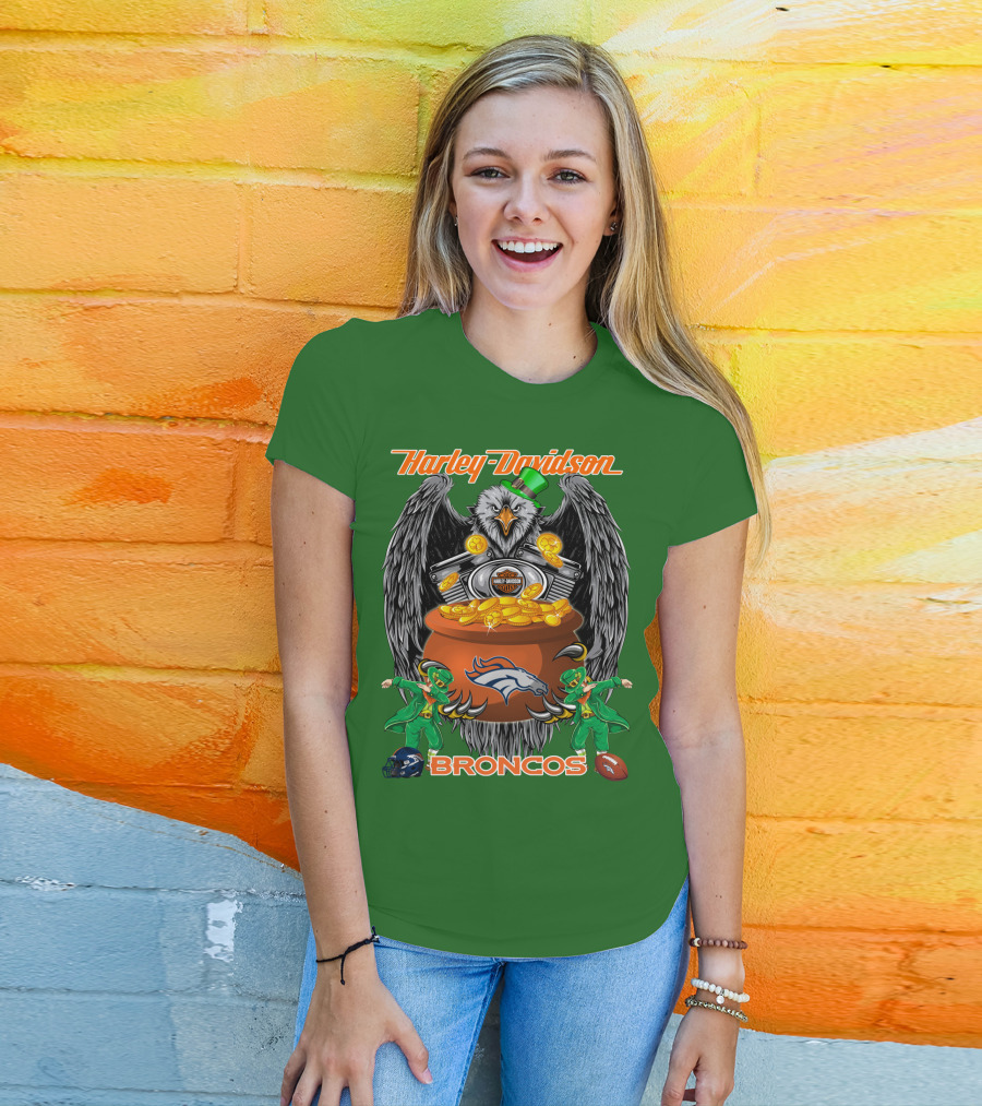 Harley Davidson Denver Broncos Nfl Leprechaun Eagle Pot Of Gold T-Shirt