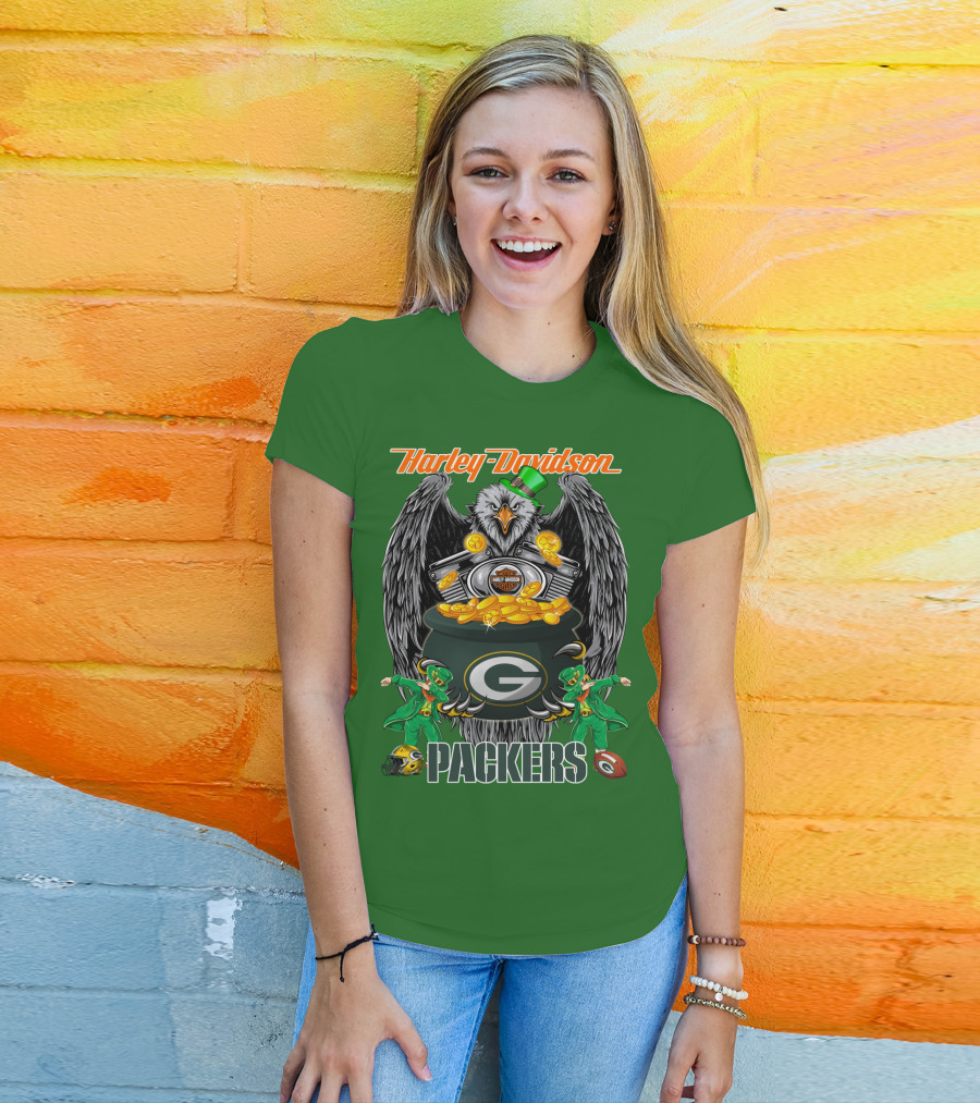 Harley Davidson Packers Nfl Green Bay Eagles And Leprechauns With Coins T-Shirt
