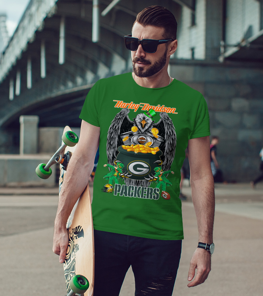 Harley Davidson Packers Nfl Green Bay Eagles And Leprechauns With Coins T-Shirt