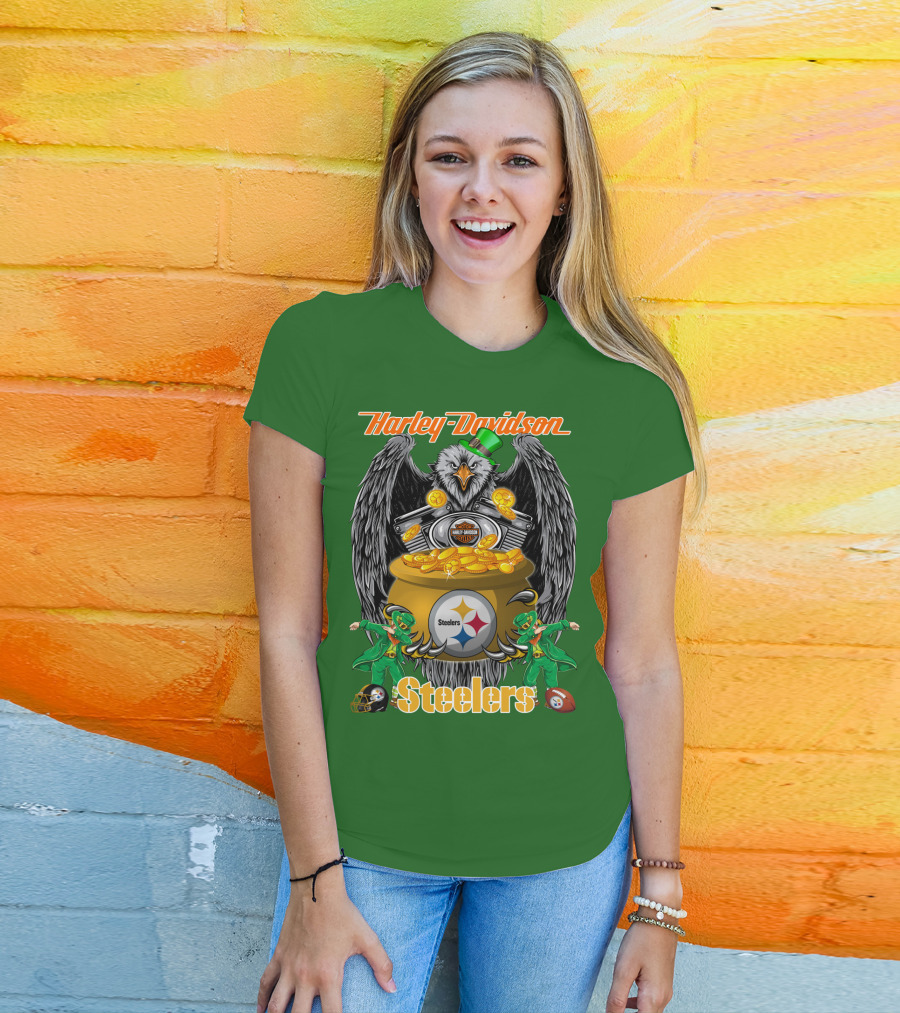 Harley Davidson Steelers Eagle Leprechaun Gold Nfl Pittsburgh T-Shirt