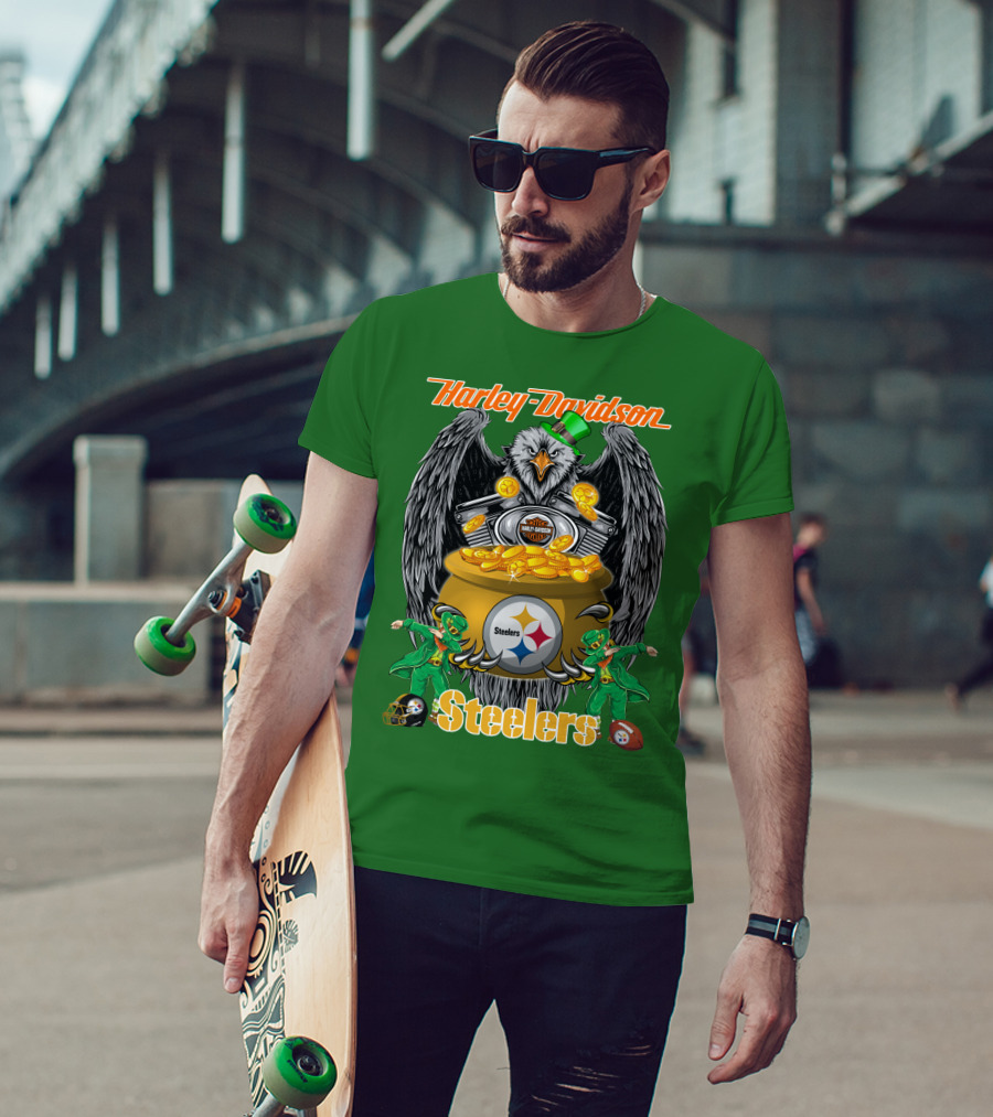 Harley Davidson Steelers Eagle Leprechaun Gold Nfl Pittsburgh T-Shirt