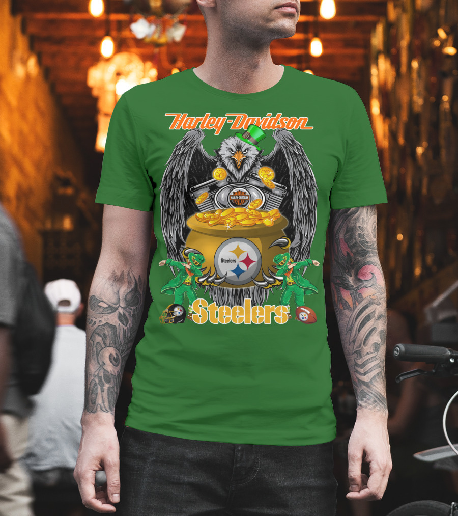 Harley Davidson Steelers Eagle Leprechaun Gold Nfl Pittsburgh T-Shirt