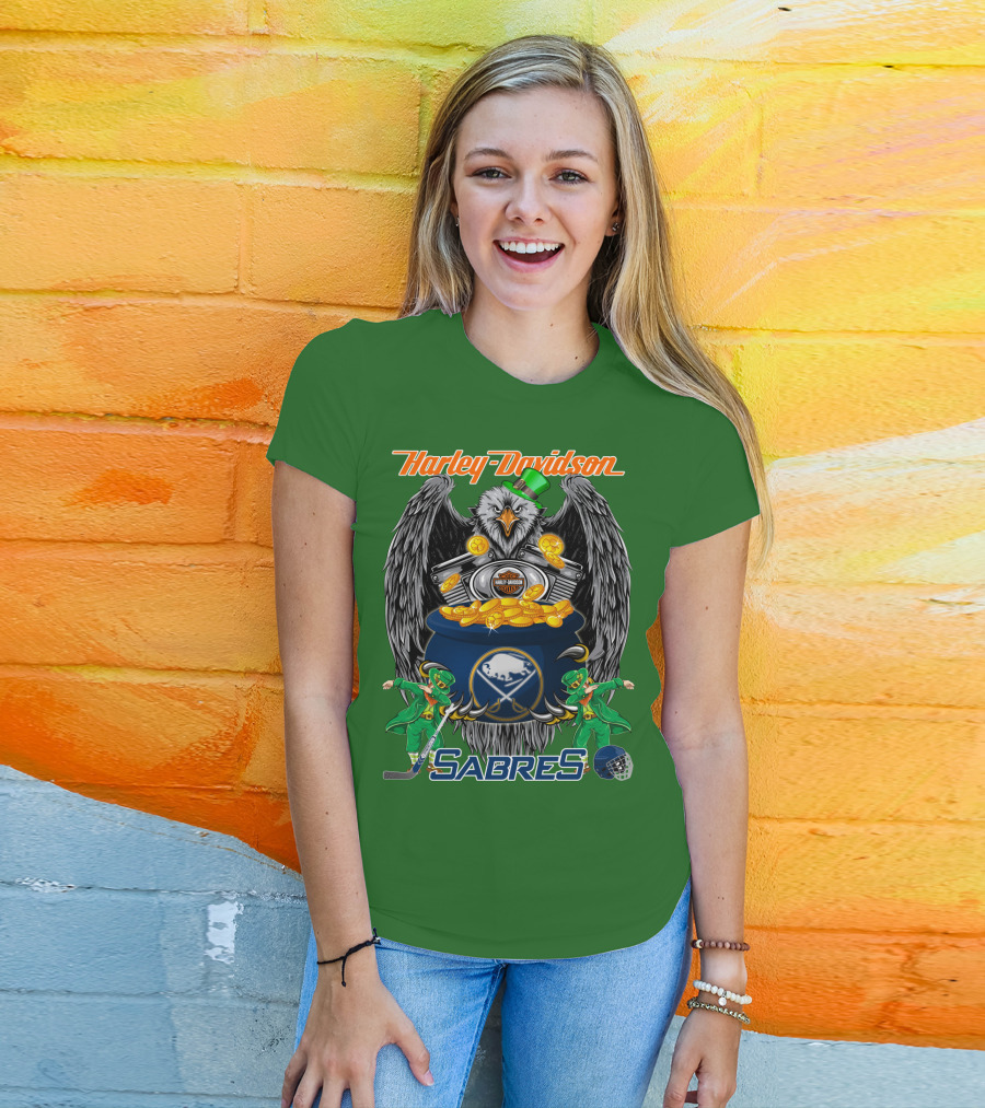 Harley Davidson Sabres Nhl Buffalo St. Patrick's Day Eagle And Pot Of Gold T-Shirt