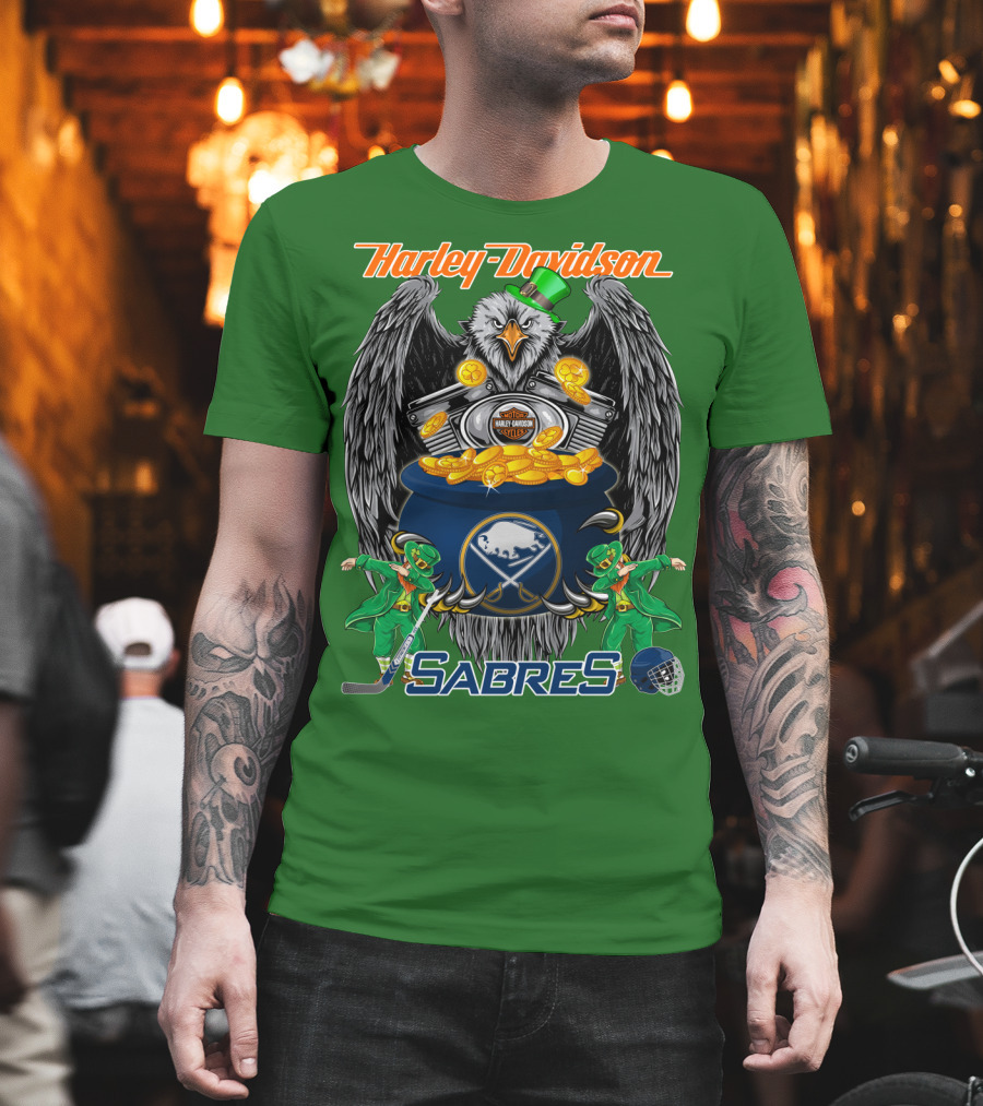 Harley Davidson Sabres Nhl Buffalo St. Patrick's Day Eagle And Pot Of Gold T-Shirt