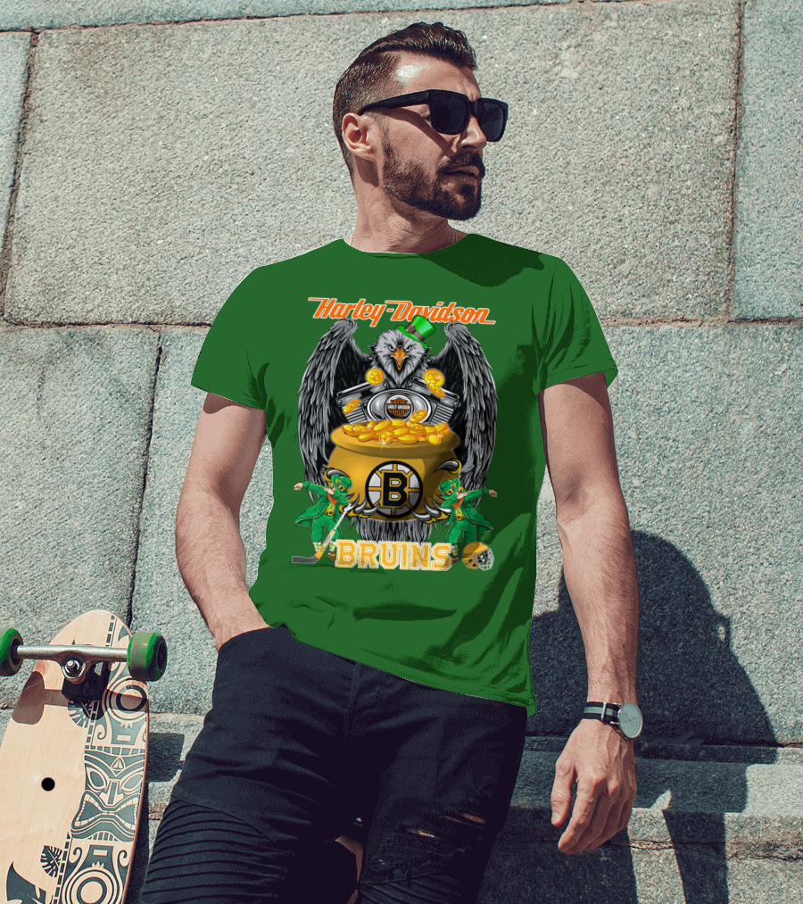 Harley Davidson Bruins St. Patrick's Day Coin Pot Hockey T-Shirt