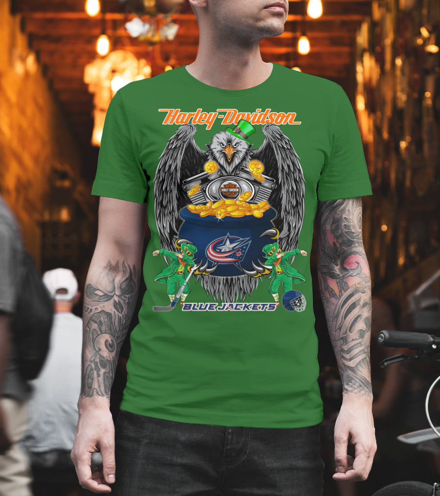 Harley Davidson Columbus Blue Jackets Nhl Eagle Leprechaun Gold Coins Green Hat T-Shirt