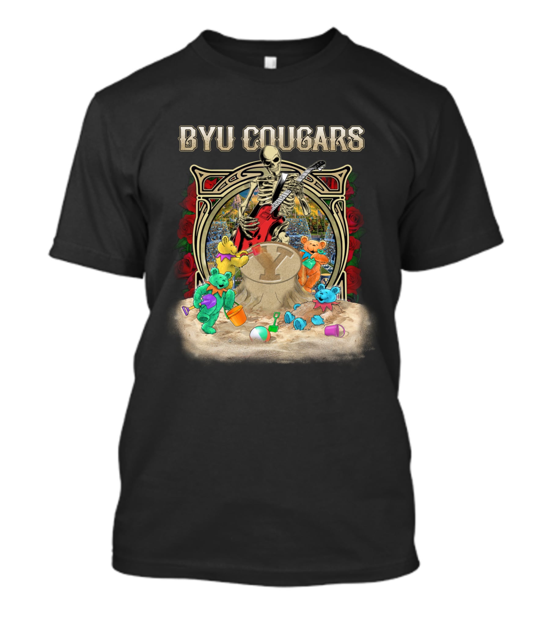 Byu Cougars Grateful Dead Skeleton Teddy Bears Roses T-Shirt