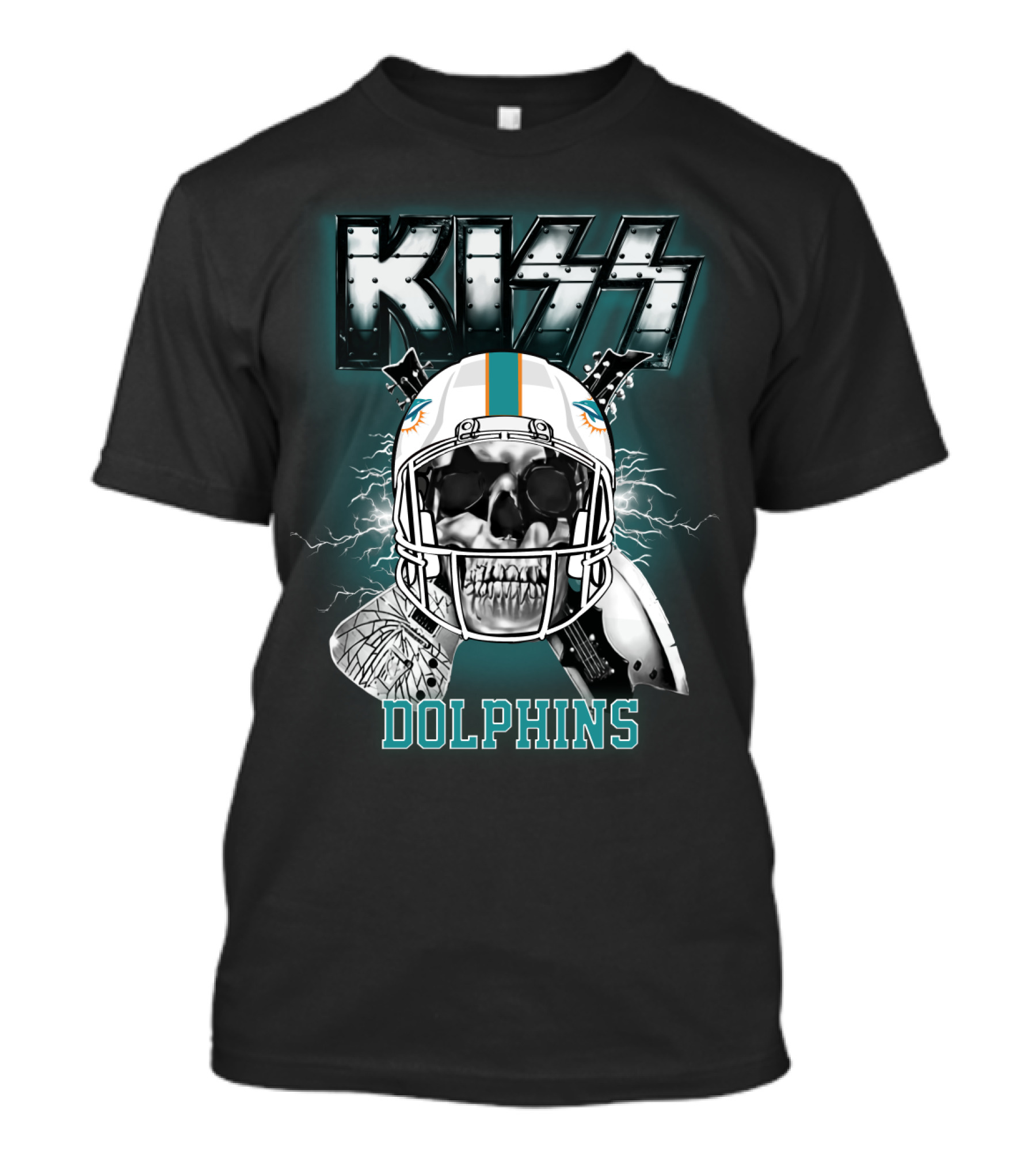 Kiss Dolphins Miami Football Skull Helmet Electric Guitars T-Shirt