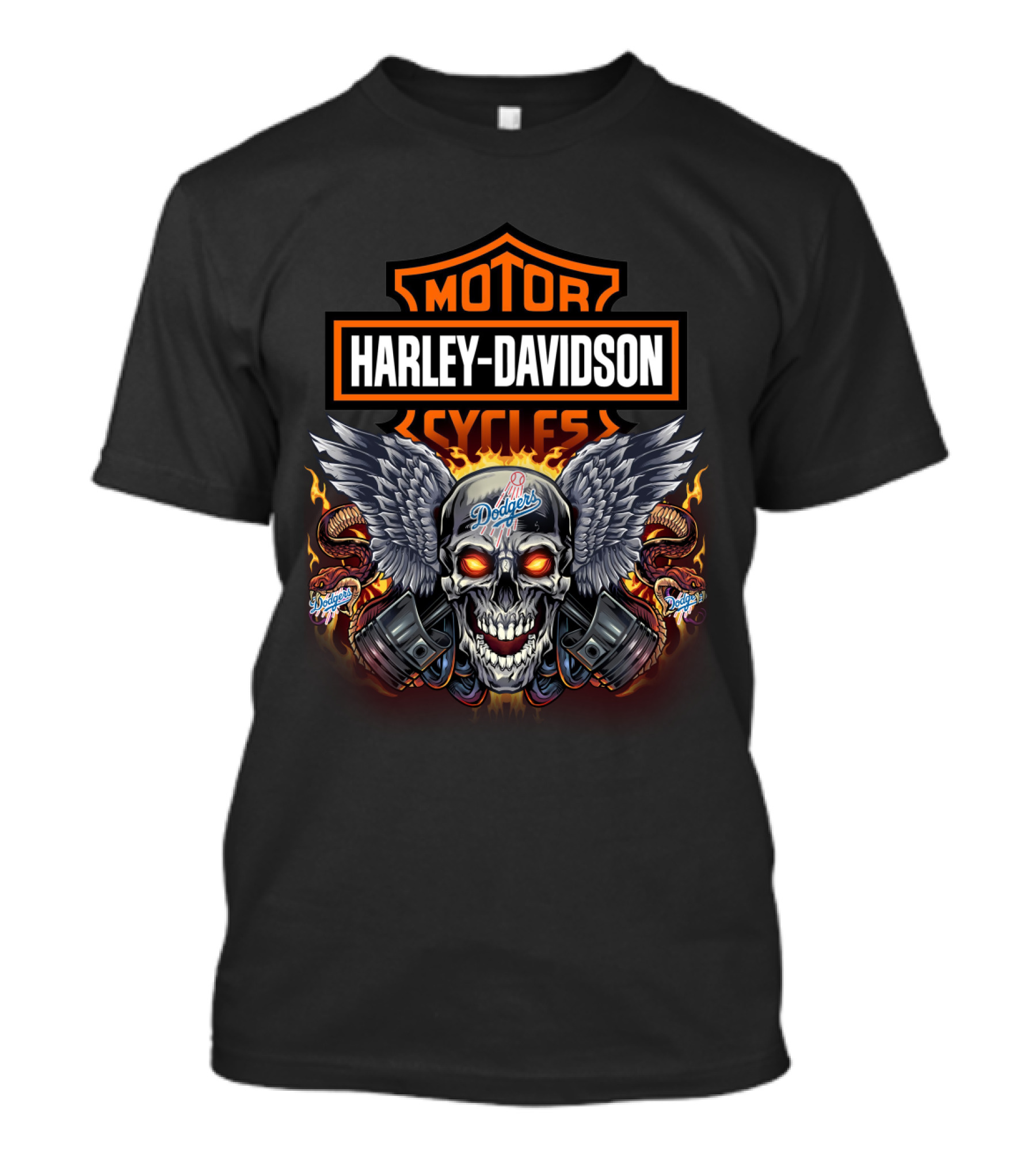 Harley Davidson Motor Cycles Los Angeles Dodgers Skull Wings Fiery Snakes T-Shirt