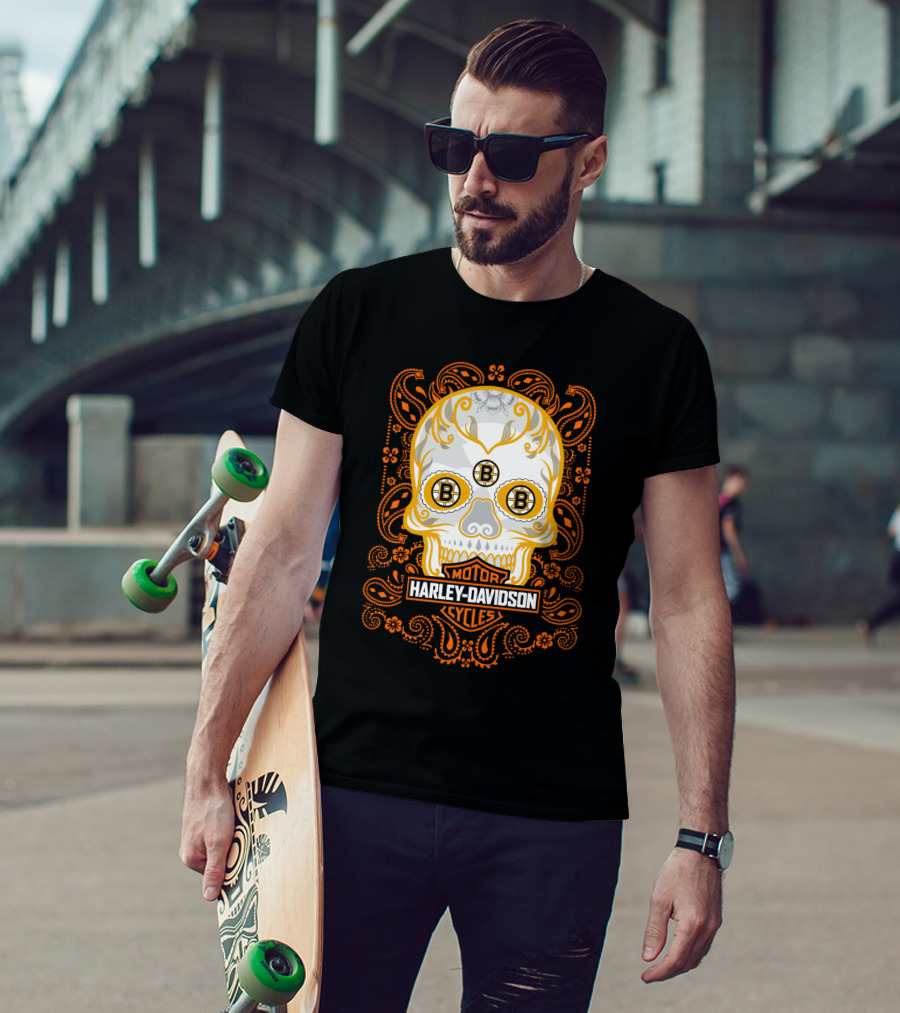 Harley Davidson Motor Cycles Boston Bruins Nhl Sugar Skull T-Shirt