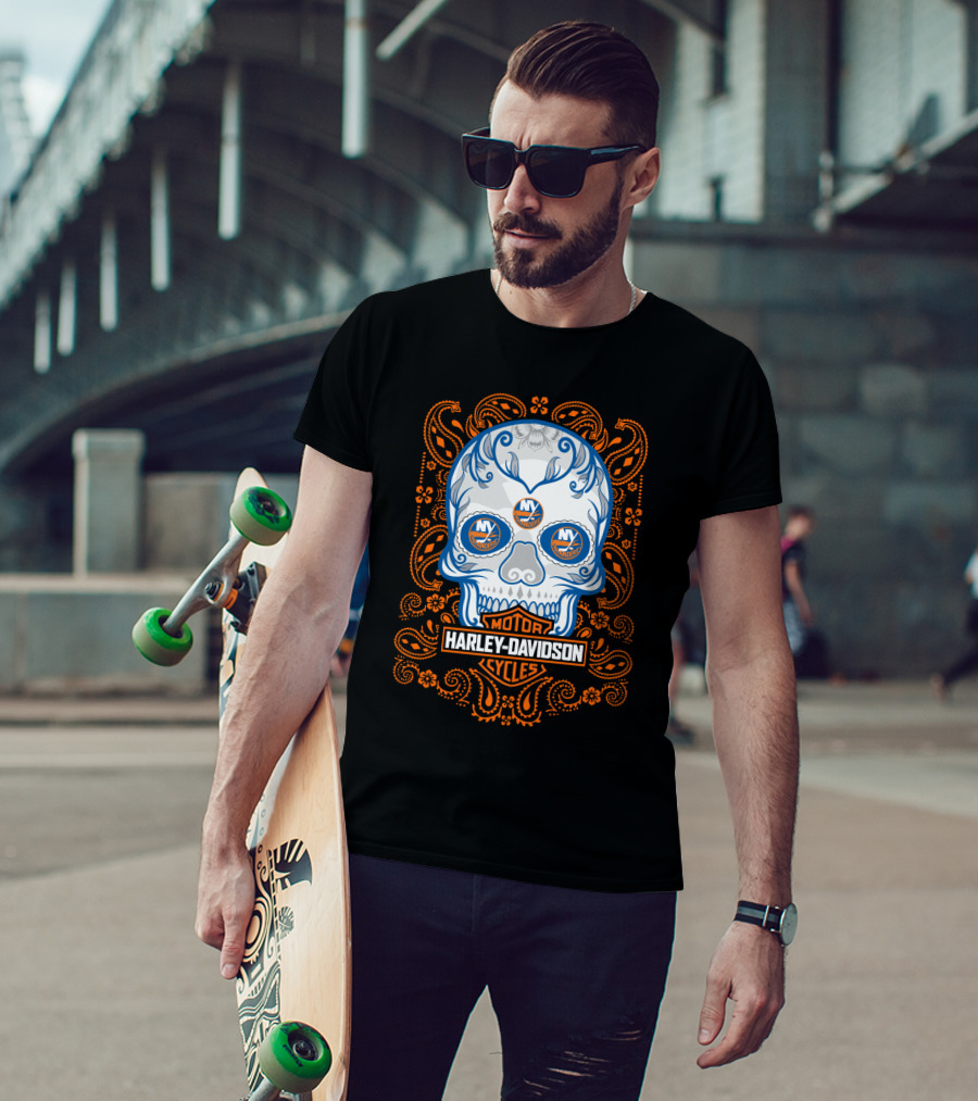 New York Islanders Harley Davidson Skull Motorcycles T-Shirt
