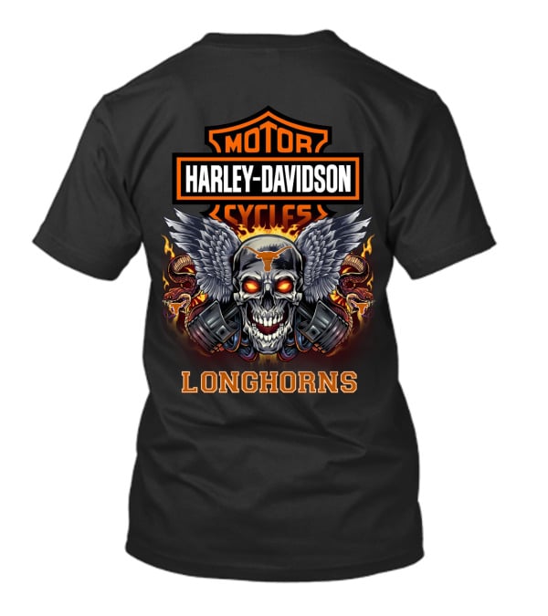 Harley Davidson Motor Cycles Longhorns Skull Wings Flame T-Shirt