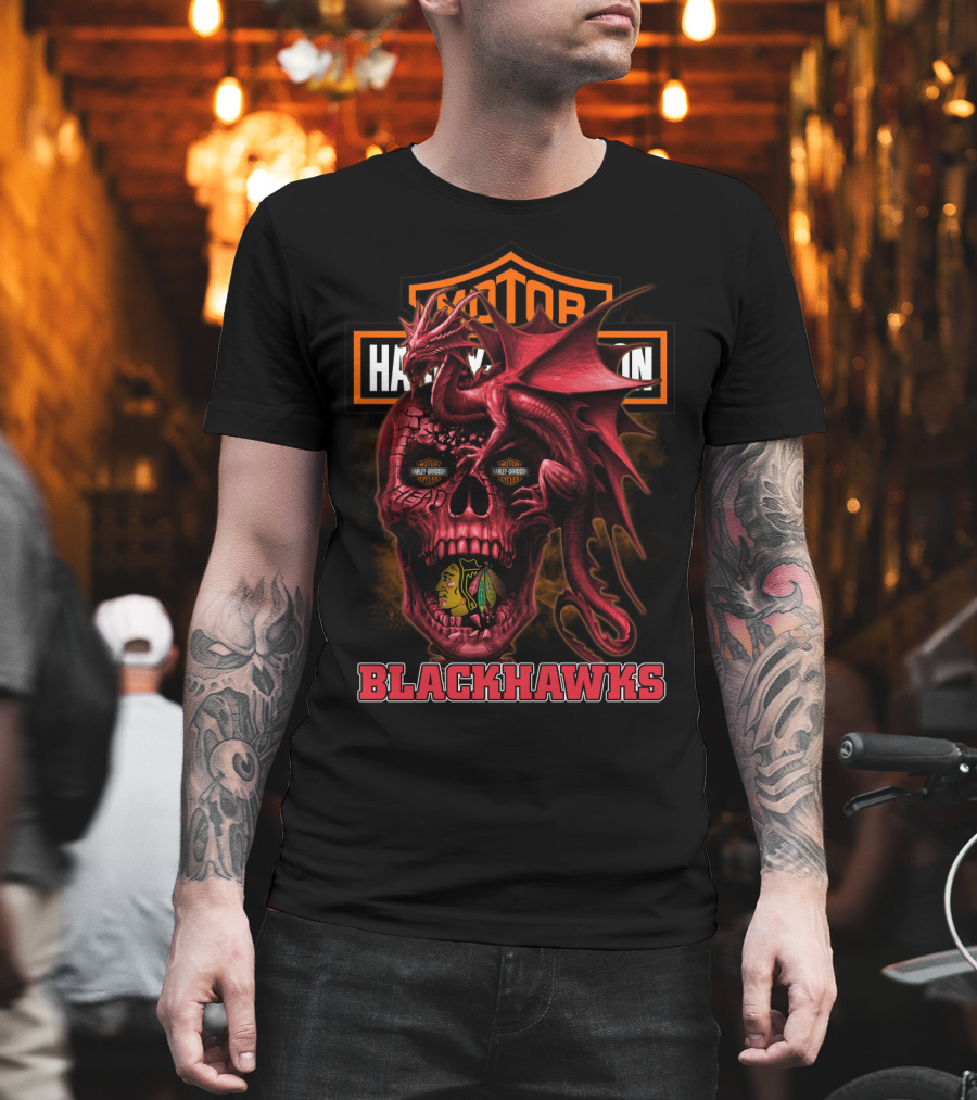 Chicago Blackhawks Red Dragon Skull With Harley Davidson Styles T-Shirt