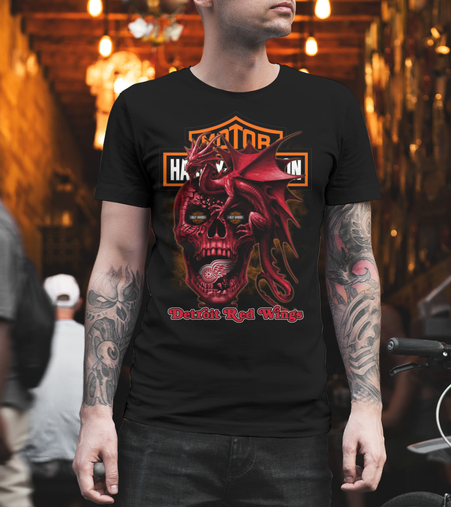 Detroit Red Wings Harley Davidson Skull Dragon T-Shirt